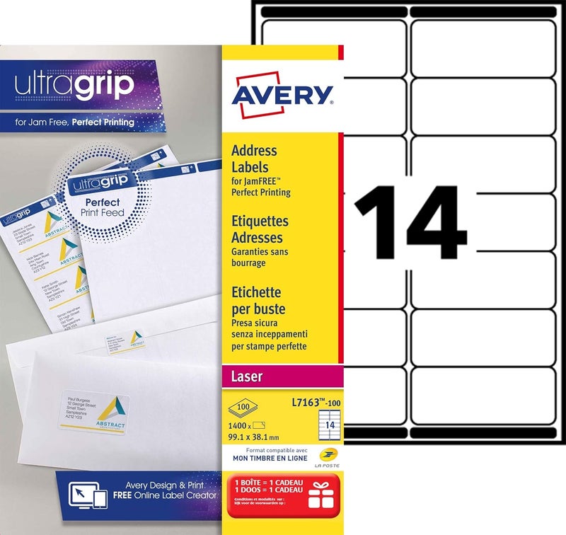 AVERY Self Adhesive Address Mailing Labels, Laser Printers, 14 Labels Per A4 Sheet, 1600 Labels, Ultragrip (L7163-100), White - Image 1