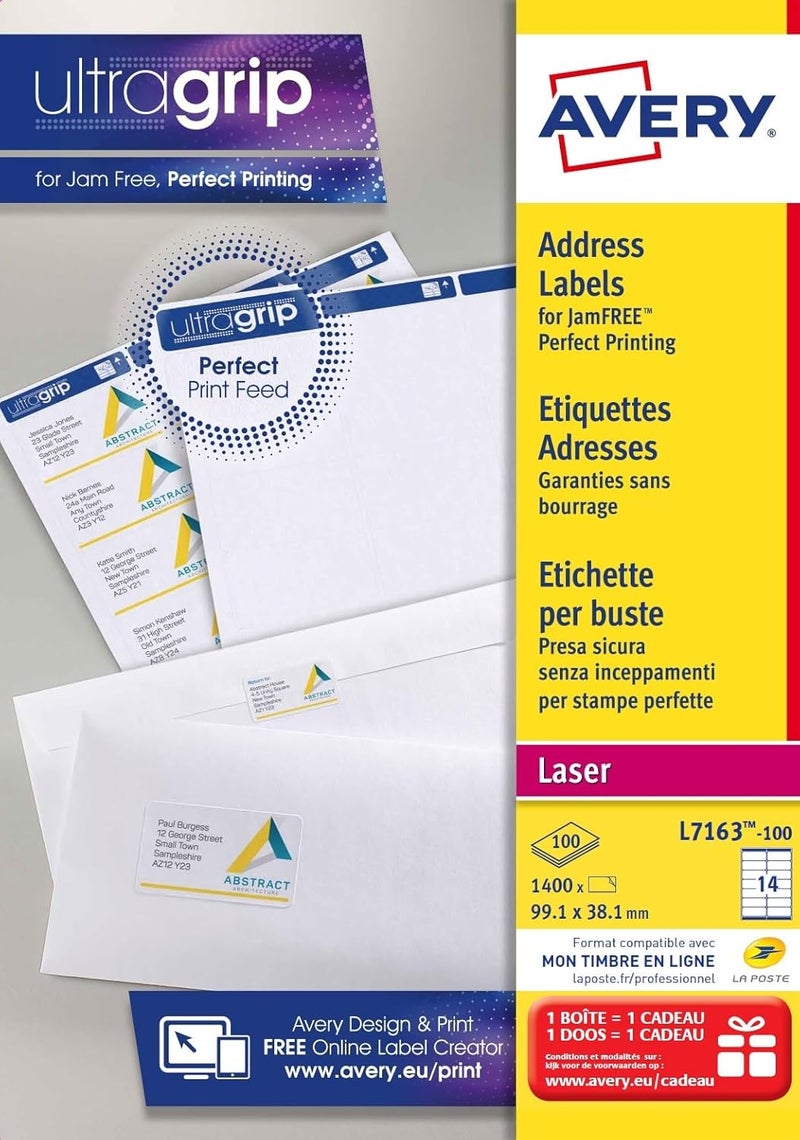 AVERY Self Adhesive Address Mailing Labels, Laser Printers, 14 Labels Per A4 Sheet, 1600 Labels, Ultragrip (L7163-100), White - Image 2