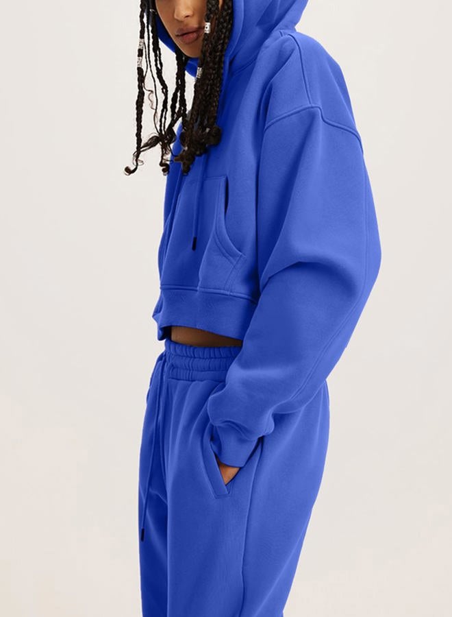 Flygo Womens Fleece 2 Piece Outfits Sweatsuit Crop Pullover Sweatshirt Joggers Pants Tracksuit Set(RoyalBlue-M) - Image 5
