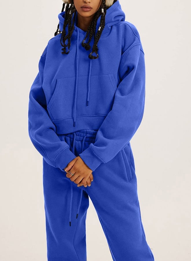 Flygo Womens Fleece 2 Piece Outfits Sweatsuit Crop Pullover Sweatshirt Joggers Pants Tracksuit Set(RoyalBlue-M) - Image 3