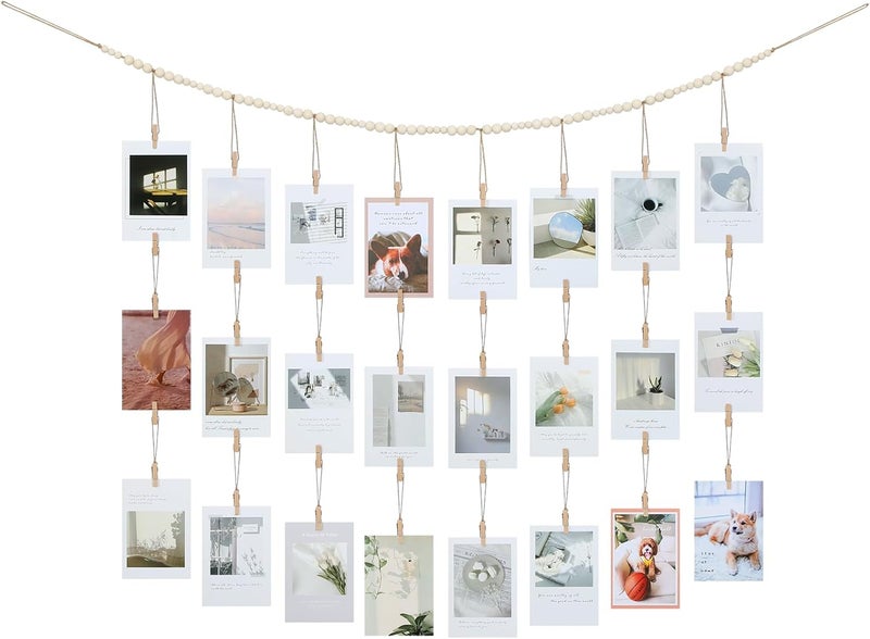 KLOGTSIND Hanging Photo Display with Clips Wall Decor, Boho Wooden Beads Garland Picture Banner, Collage Card Kids Art Holder Photo String with 28 Clips for Room Dorm Decor, Christmas Teen Girl Gifts - Image 1