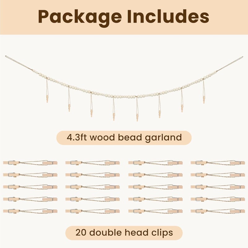 KLOGTSIND Hanging Photo Display with Clips Wall Decor, Boho Wooden Beads Garland Picture Banner, Collage Card Kids Art Holder Photo String with 28 Clips for Room Dorm Decor, Christmas Teen Girl Gifts - Image 4