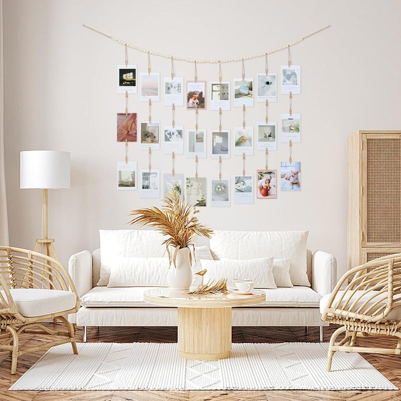 KLOGTSIND Hanging Photo Display with Clips Wall Decor, Boho Wooden Beads Garland Picture Banner, Collage Card Kids Art Holder Photo String with 28 Clips for Room Dorm Decor, Christmas Teen Girl Gifts - Image 2