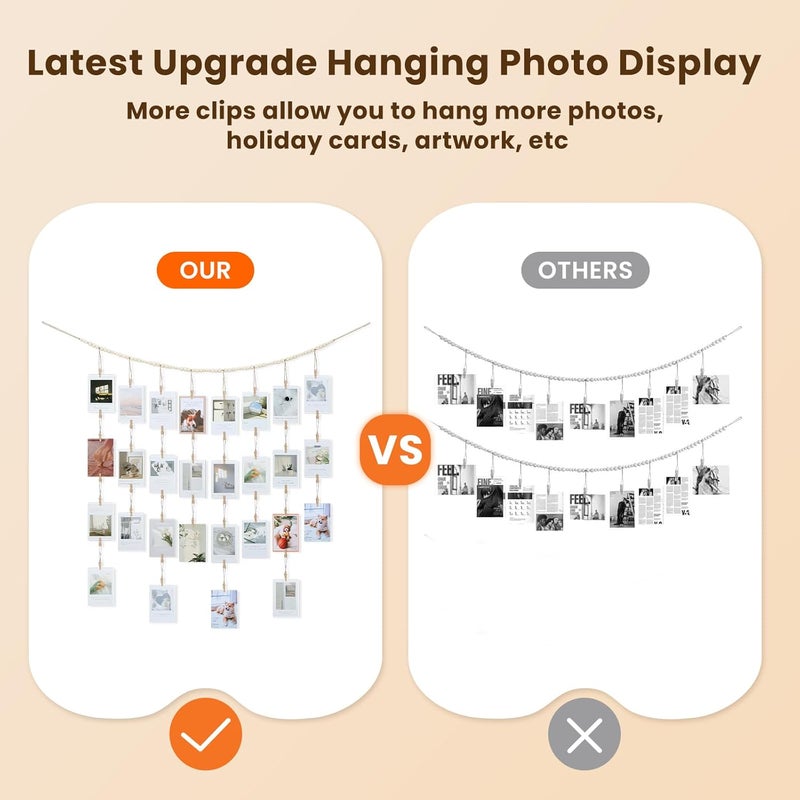 KLOGTSIND Hanging Photo Display with Clips Wall Decor, Boho Wooden Beads Garland Picture Banner, Collage Card Kids Art Holder Photo String with 28 Clips for Room Dorm Decor, Christmas Teen Girl Gifts - Image 3