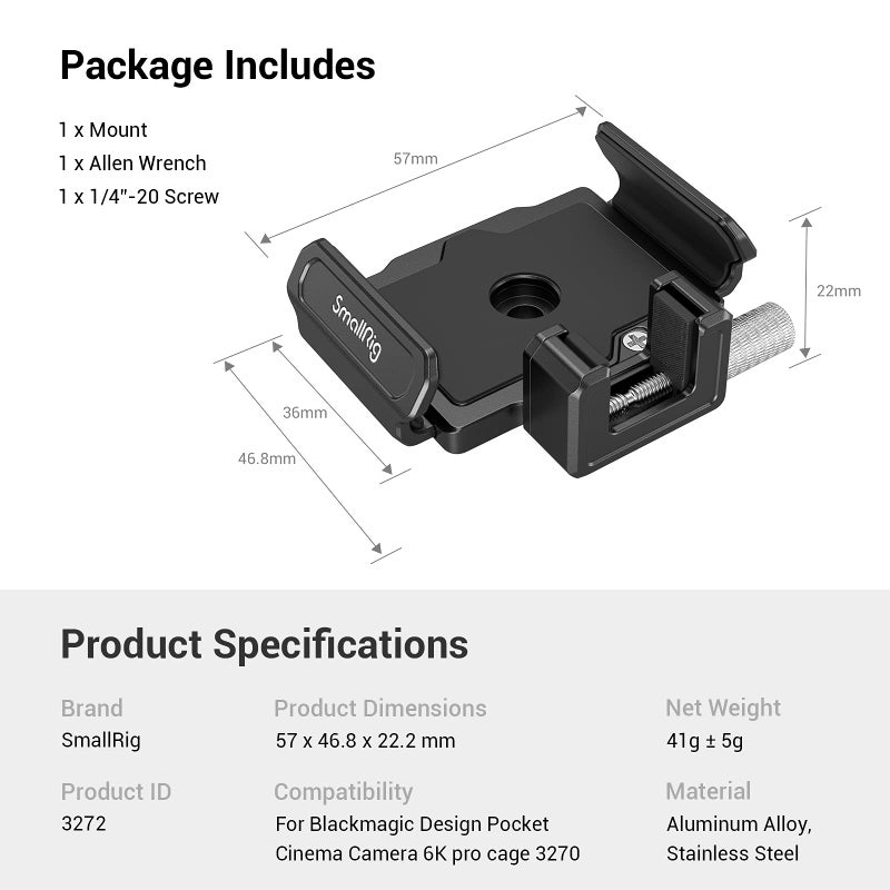 SMALLRIG SSD Mount Bracket SSD Holder for Samsung T5/T7 SSD, SanDisk SSD, SanDisk SSD T5/T7, Compatible Cage for BMPCC 6K Pro - 3272 - Image 3