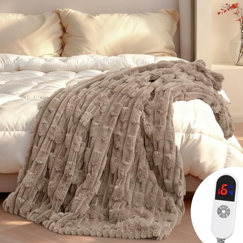 CURECURE Heated Throw Blanket 50"x60", Electric Blanket with Bamboo Pattern, Luxury Faux Rabbit Fur & Soft Flannel, 6 Heat Settings, 1-4 Hour Auto Shut-Off, Throw Blanket for Couch, Machine Washable, Linen - Image 1