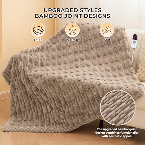CURECURE Heated Throw Blanket 50"x60", Electric Blanket with Bamboo Pattern, Luxury Faux Rabbit Fur & Soft Flannel, 6 Heat Settings, 1-4 Hour Auto Shut-Off, Throw Blanket for Couch, Machine Washable, Linen - Image 2