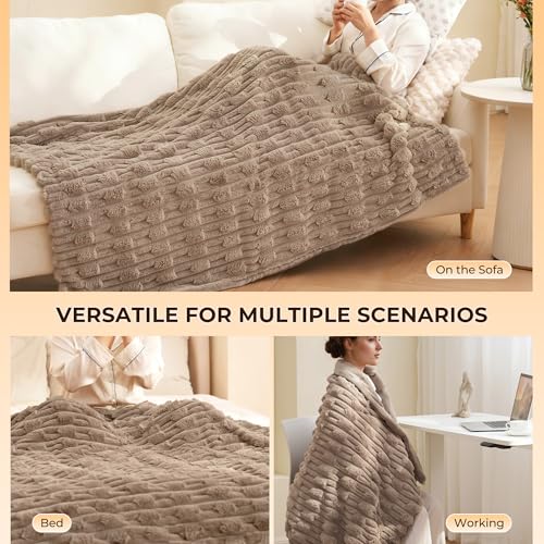 CURECURE Heated Throw Blanket 50"x60", Electric Blanket with Bamboo Pattern, Luxury Faux Rabbit Fur & Soft Flannel, 6 Heat Settings, 1-4 Hour Auto Shut-Off, Throw Blanket for Couch, Machine Washable, Linen - Image 5