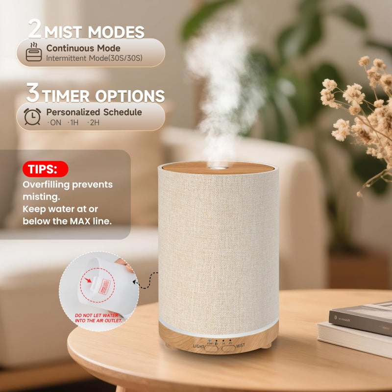 URPOWER 100ML Essential Oil Diffusers for Home with Linen Cover 7 Color Changing Lights, Timer & Auto-Off Scent Diffuser Oil Machine Humidifier Aromatherapy Air Diffusers for Bedroom, Office - Image 3