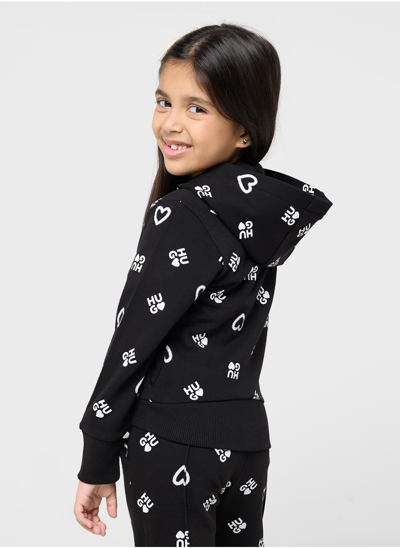 HUGO Kids Logo Aop Zip Through Hoodie