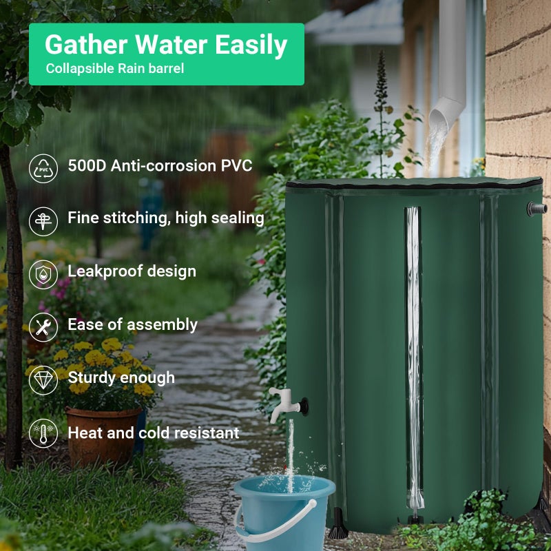 FAMIROSA 50 Gallon / 200L Rain Barrel, Collapsible Rain Barrels to Collect Rainwater from Gutter with Spigots and Overflow, 500D PVC Portable Rain Water Collection Catching System, Water Catcher Tank - Image 4