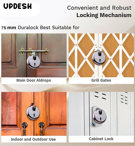 UPDESH PadlocksRound Padlock 65mm 8 Lever with 3 Keys Pack of 1 Mild Steel MaterialBright Chrome Plated FinishDoor Lock Shutter Lock Godown Lock gate Lock - Image 2