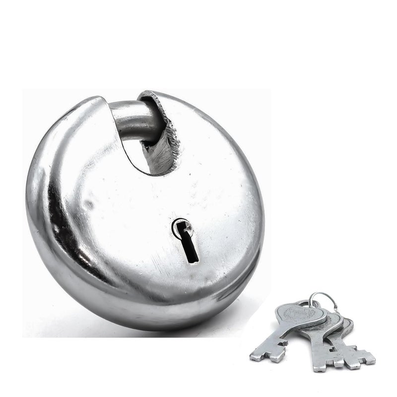 UPDESH PadlocksRound Padlock 65mm 8 Lever with 3 Keys Pack of 1 Mild Steel MaterialBright Chrome Plated FinishDoor Lock Shutter Lock Godown Lock gate Lock - Image 1