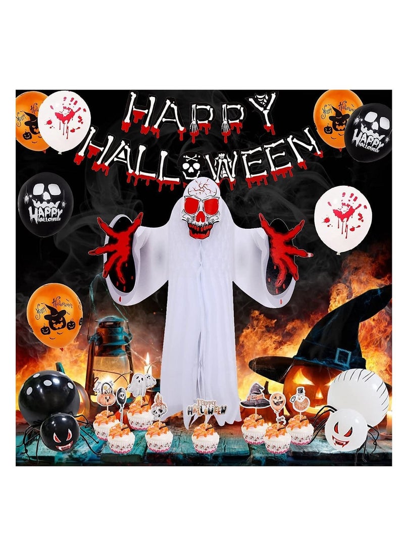 Halloween party decorations, 39 pcs indoor and outdoor decorations, including Happy Halloween banners, Halloween paper ghosts Halloween theme party spider web background decorations  - Image 2