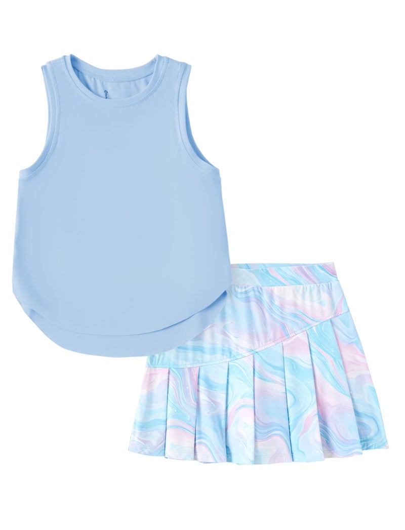 PATPAT Girls 2 Piece Tennis Skirt Set Size 6-7 Pink Tank Tops and Tie Dye Skort Athletic Sets Sleeveless Tops + High Waisted Pleated Skort 2 Piece Outfits Clothes for Girls Gym Outfits Activewear - Image 1
