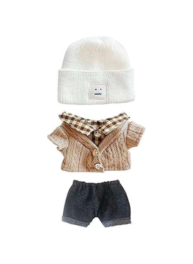 Arabest 7.8in/20cm Plush Doll Clothes Hat on Sweater Denim Flanging Jeans Doll Dressup (White+Brown)  - Image 1