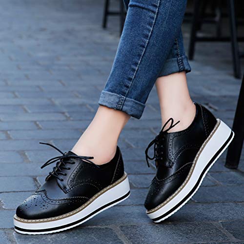 DADAWEN Women's Platform Lace-Up Wingtips Square Toe Oxfords Shoe Black Leather US Size 7/Asia Size 38/24cm - Image 3