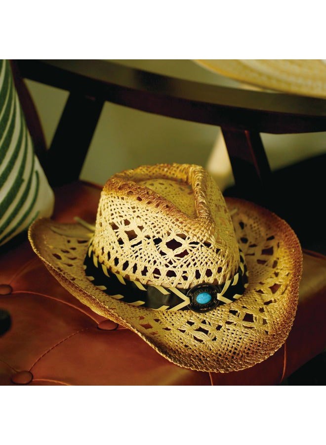 YOUBADU Western Straw Cowboy and Cowgirl Hats with Decorative Bands - Unisex Wide Brim Raffia Style Sun Hat - Image 5