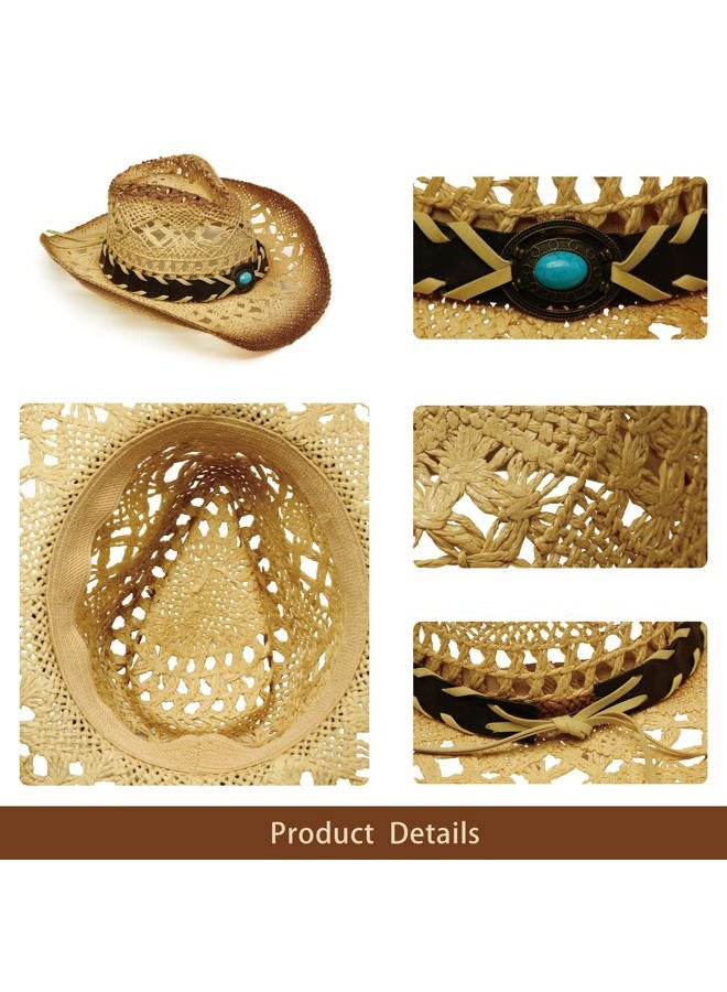 YOUBADU Western Straw Cowboy and Cowgirl Hats with Decorative Bands - Unisex Wide Brim Raffia Style Sun Hat - Image 4