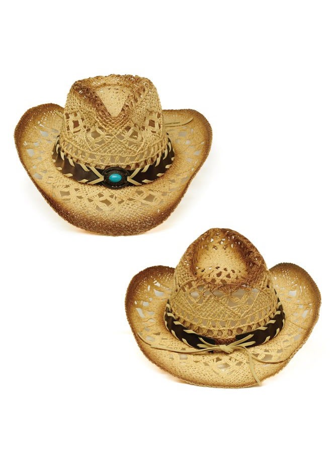 YOUBADU Western Straw Cowboy and Cowgirl Hats with Decorative Bands - Unisex Wide Brim Raffia Style Sun Hat - Image 3