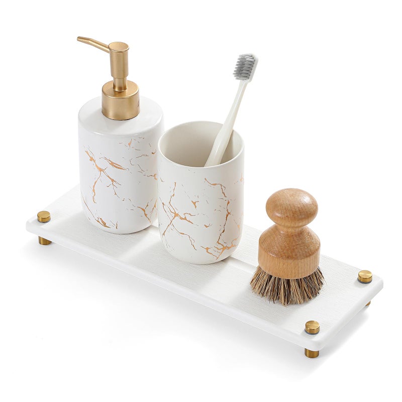 Razborci Water Absorbing Stone Sink Caddy Kitchen Sink Organizer Tray, Diatomite Bathroom Counter Tray, Gold Faucet Drying Mat Coaster Soap Dish Rack Riser Dispenser Sponge Holder, White 12.5" x 4.5" - Image 1