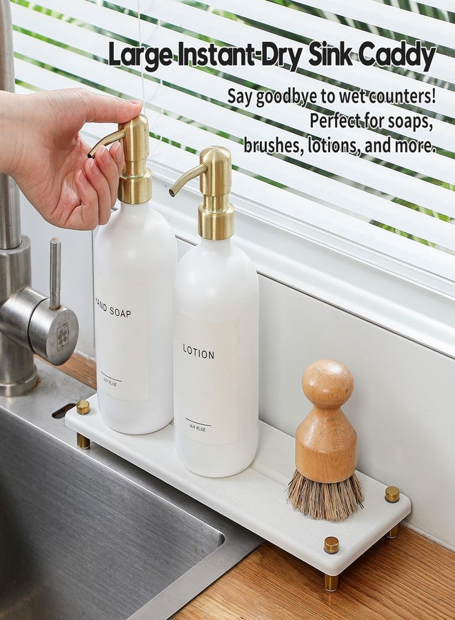 Razborci Water Absorbing Stone Sink Caddy Kitchen Sink Organizer Tray, Diatomite Bathroom Counter Tray, Gold Faucet Drying Mat Coaster Soap Dish Rack Riser Dispenser Sponge Holder, White 12.5" x 4.5" - Image 2