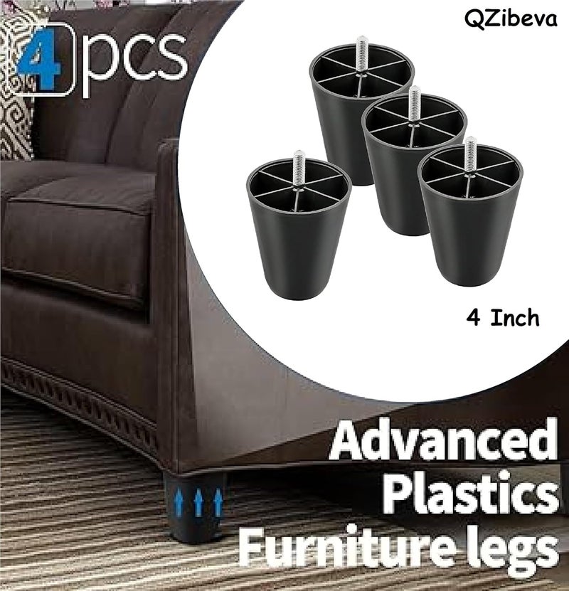 QZibeva Pack of 4 Pcs Matt Black Round Plastic Furniture Legs with M8 Bolt Assembled 4 Inches - Image 4