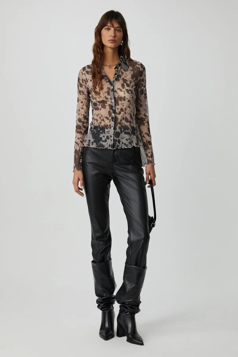 GRIMELANGE Caıtlın Women's Slim Fit Long Sleeve Black Patterned Shirt