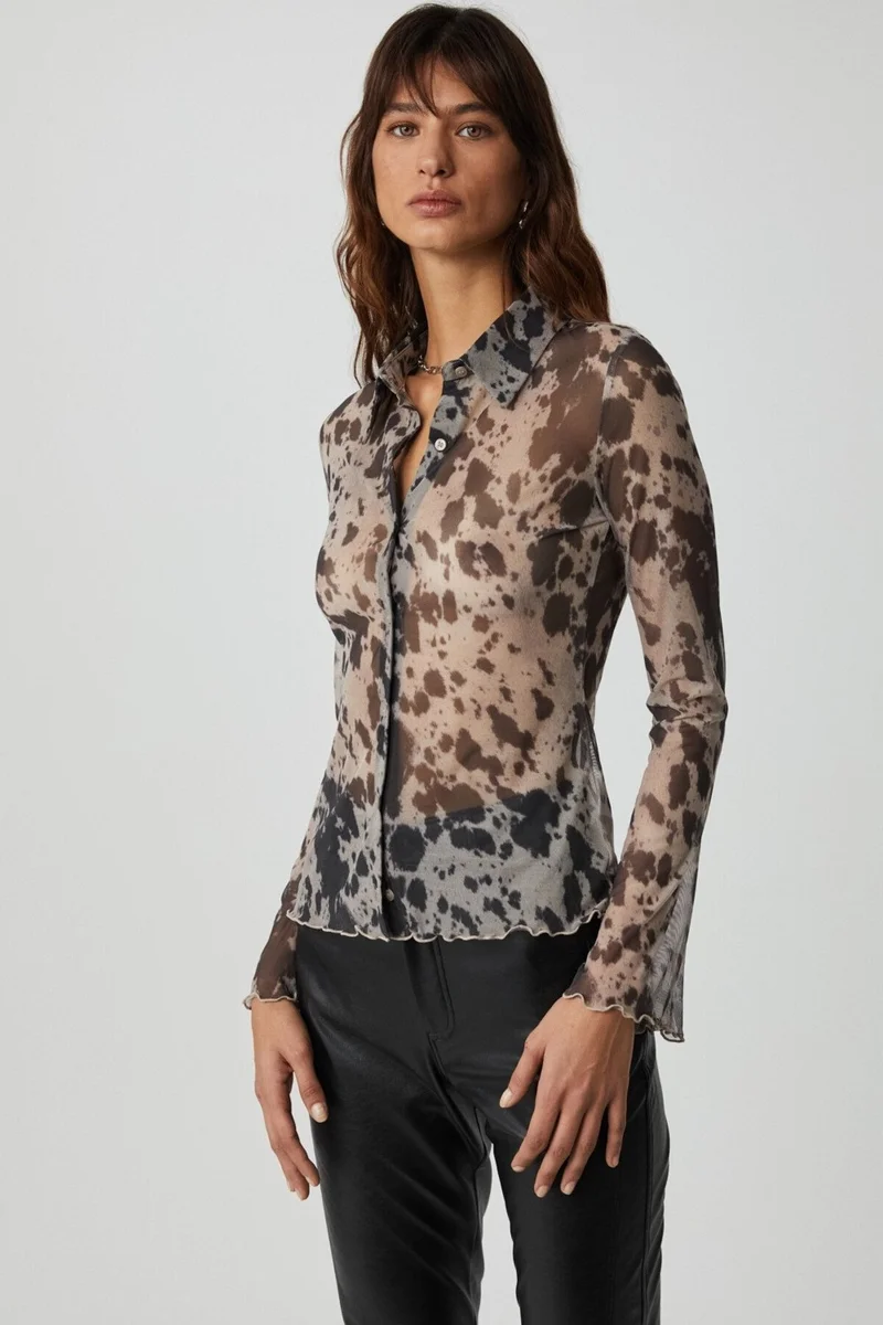 GRIMELANGE Caıtlın Women's Slim Fit Long Sleeve Black Patterned Shirt