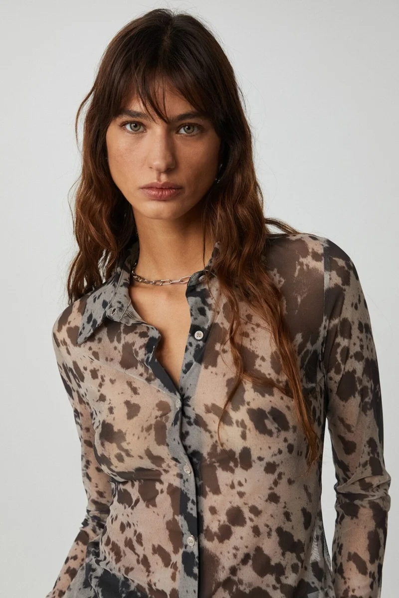 GRIMELANGE Caıtlın Women's Slim Fit Long Sleeve Black Patterned Shirt
