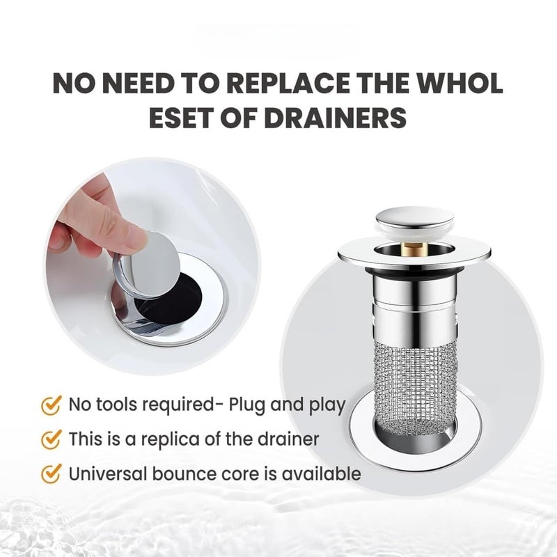 ATOOZED Push Button Sink Filter Stainless Steel Pop-Up Sink Stopper Bounce Drain Filter for Home, wash Basin Stainless Steel Bullet Core Push Fit for Drain Hole Filter with Hair Catcher (1) - Image 5