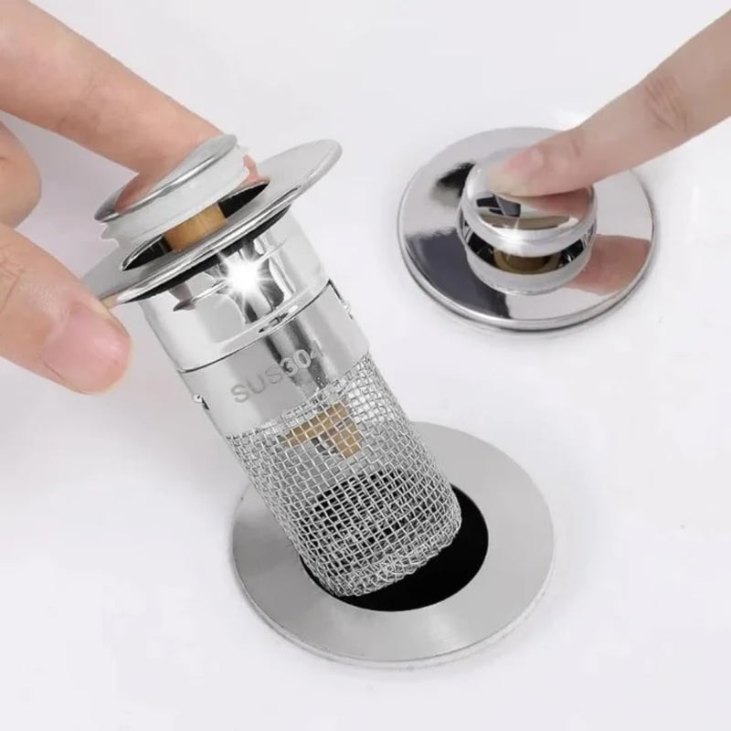 ATOOZED Push Button Sink Filter Stainless Steel Pop-Up Sink Stopper Bounce Drain Filter for Home, wash Basin Stainless Steel Bullet Core Push Fit for Drain Hole Filter with Hair Catcher (1) - Image 1