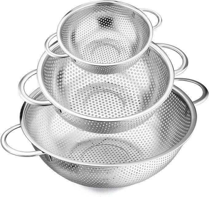 STAINLESS STEEL SET OF 3 STRAINER 312523 CM COLANDER STRAINER DRAINER WITH HANDLE FOR RICE FRUITS VEGETABLE NOODLES PASTA BEANS GRAINS WASHING FILTER BASKET FOR KITCHEN BOWL STRAINING
