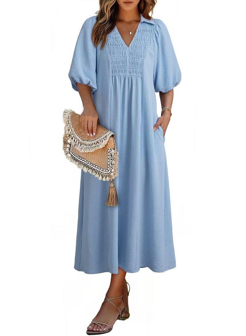 Dokotoo Spring Dresses for Women V Neck Puff Sleeve Empire Waist A-Line Long Dresses for Women Spring Dress Blue Small - Image 1