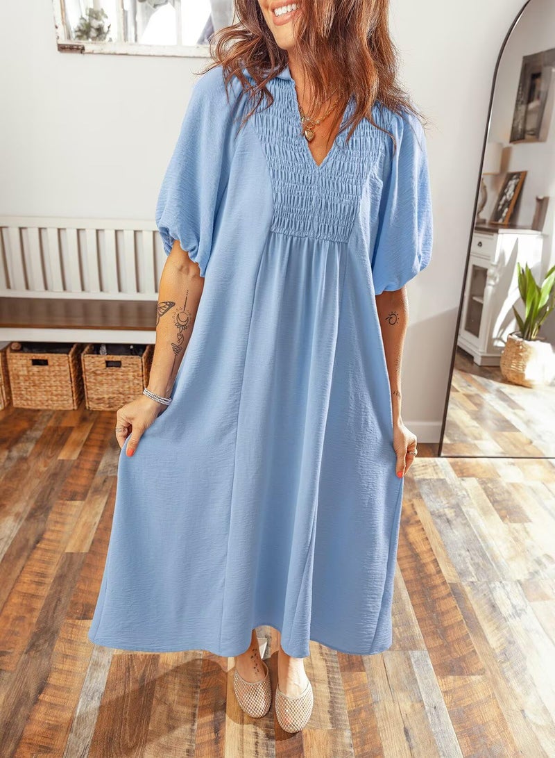 Dokotoo Spring Dresses for Women V Neck Puff Sleeve Empire Waist A-Line Long Dresses for Women Spring Dress Blue Small - Image 2