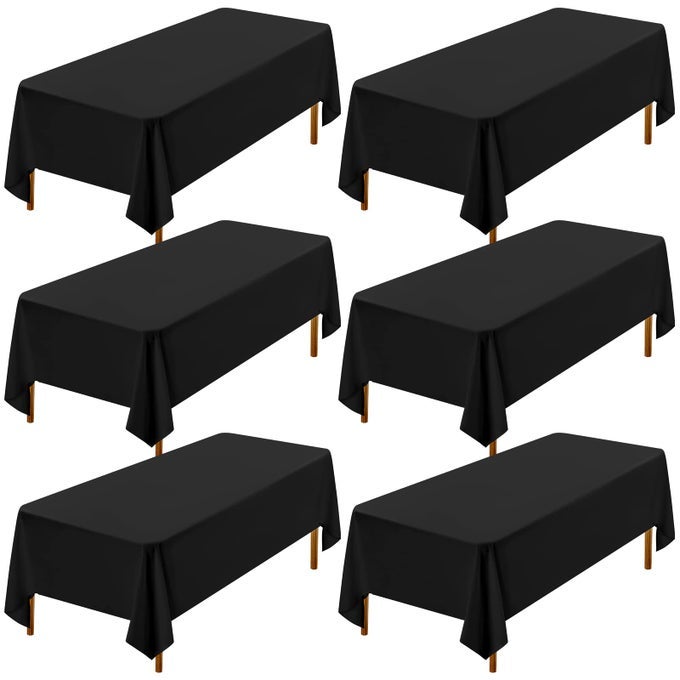 6 PACK BLACK POLYESTER TABLECLOTH FOR 6FT RECTANGLE TABLES 60 X 102 INCH RECTANGULAR FABRIC TABLE CLOTHES WASHABLE BLACK TABLE COVERS FOR WEDDING BANQUET RESTAURANT BUFFET PARTIES CAMPING