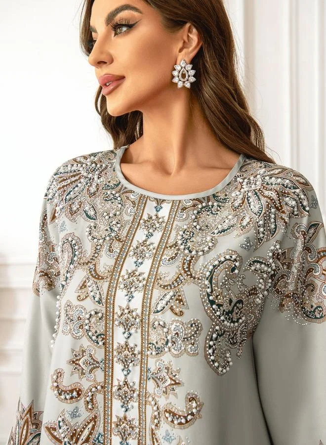 تايك تو جلابية مزينة بطبعة زهور وتفاصيل لؤلؤ صناعي