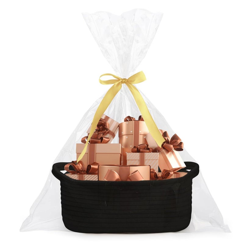 Poschnor Easter Gift Basket Empty, Small Woven Rope Basket, Toy Storage Basket for Baby and Pet, with Gift Bags and Ribbons, 12"X 8" X 5", Black - Image 1