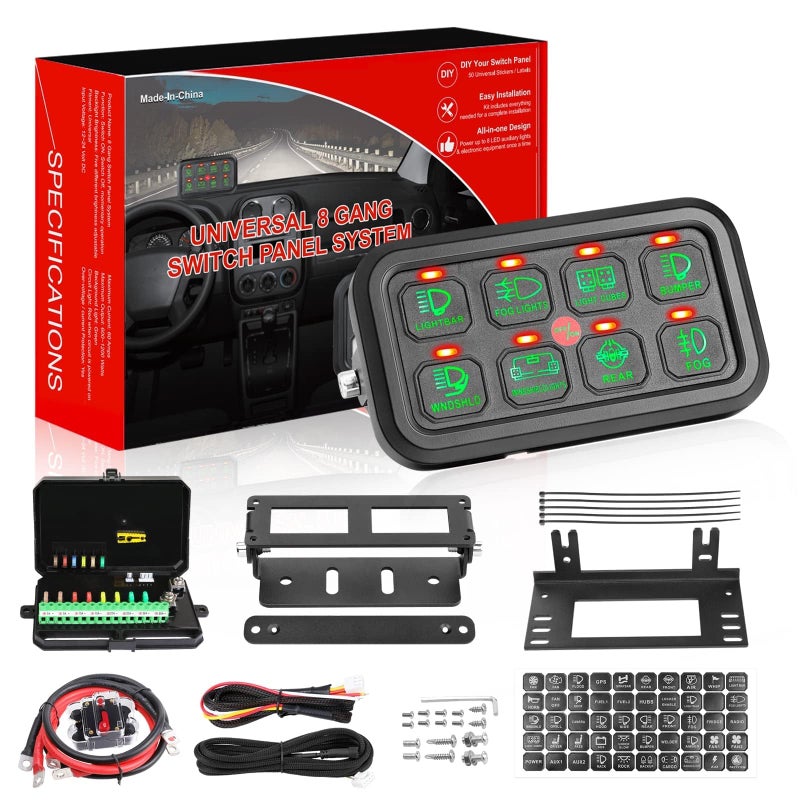 8 Gang Switch Panel AKD Part Circuit Control Box Universal Switch Box Wiring Harness Touch Panel 8 On Off Button for Trucks Pickup SUV UTV Boat Wrangler Chevy GMC Ram