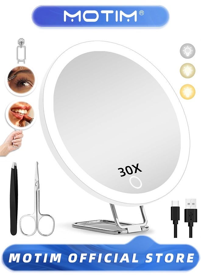 Motim 30X Magnifying Mirror with Light,3 Suction Cup & Adjustable Stand, Travel Mirror with 30X High Magnification  - Image 1