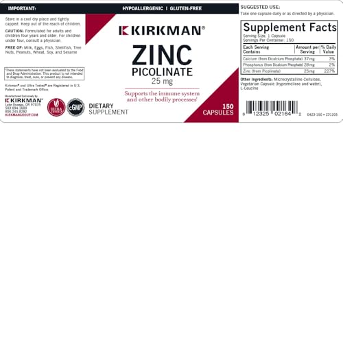 Kirkman – Zinc Picolinate 25 mg - Hypoallergenic – 150 Vegetarian Capsules – Gluten Free – Casein Free – Minerals - Image 3