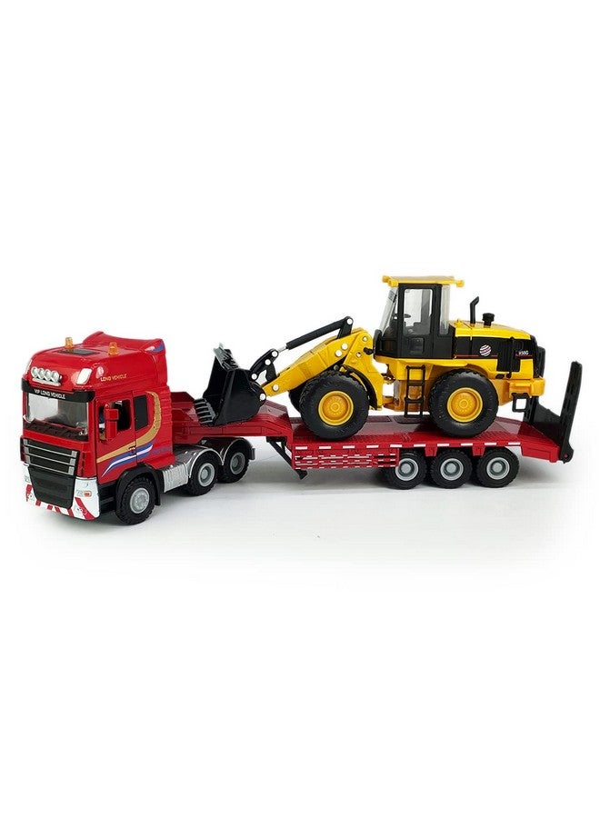 VIIGER Flatbed Truck Toy With Excavator Loader Tractor Bulldozer Semi Tow Truck Transport Trailer Metal Diecast Construction Vehicles 2 In 1 Vehicle Playset Friction Powered Toy Trucks For Boys Kids Gift Red - Image 4