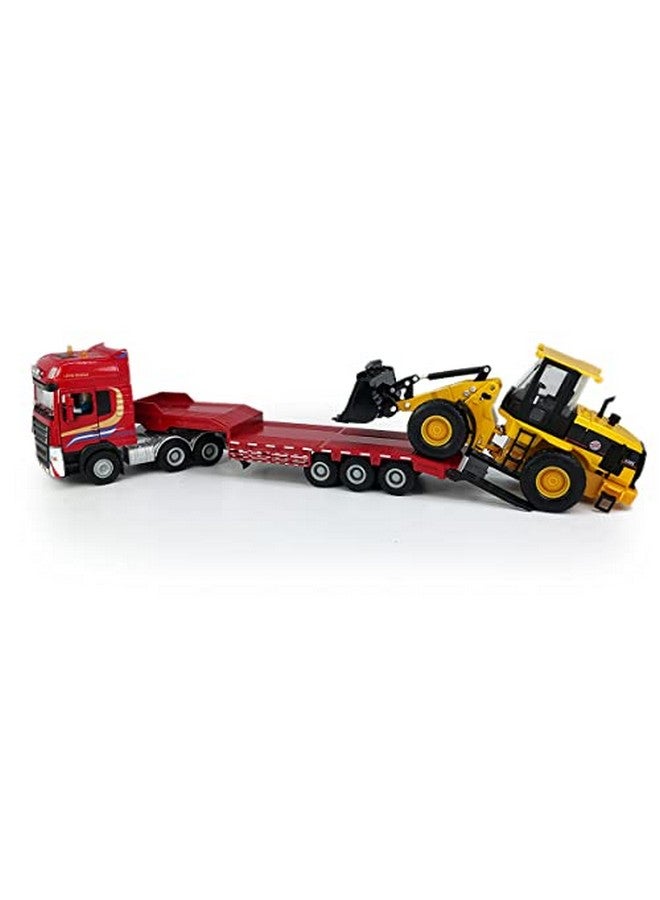 VIIGER Flatbed Truck Toy With Excavator Loader Tractor Bulldozer Semi Tow Truck Transport Trailer Metal Diecast Construction Vehicles 2 In 1 Vehicle Playset Friction Powered Toy Trucks For Boys Kids Gift Red - Image 1