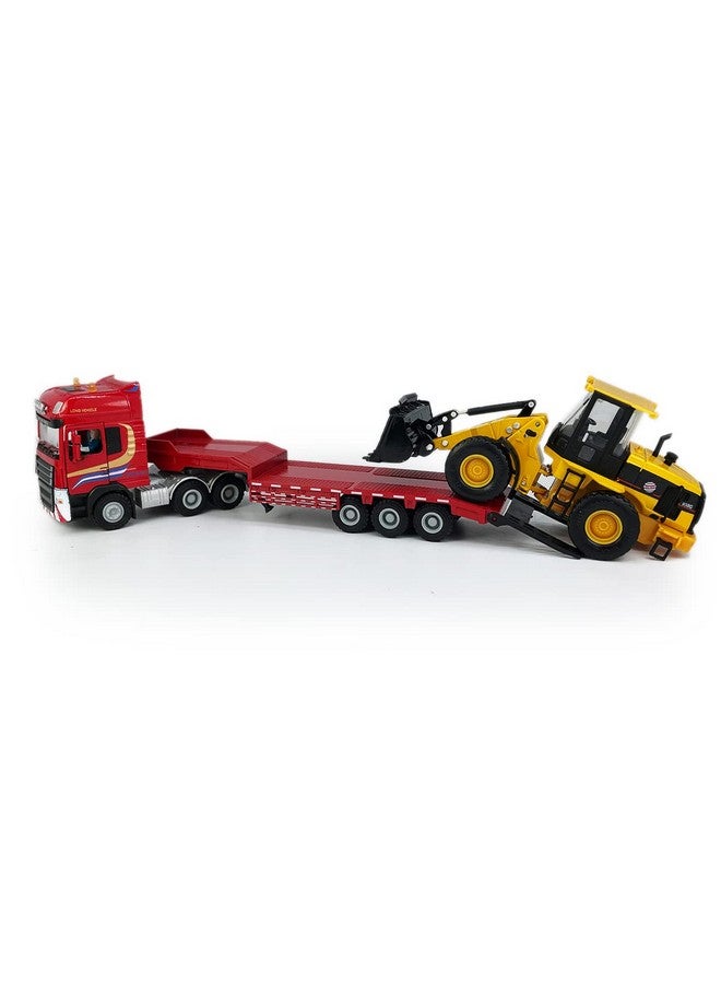 VIIGER Flatbed Truck Toy With Excavator Loader Tractor Bulldozer Semi Tow Truck Transport Trailer Metal Diecast Construction Vehicles 2 In 1 Vehicle Playset Friction Powered Toy Trucks For Boys Kids Gift Red - Image 2