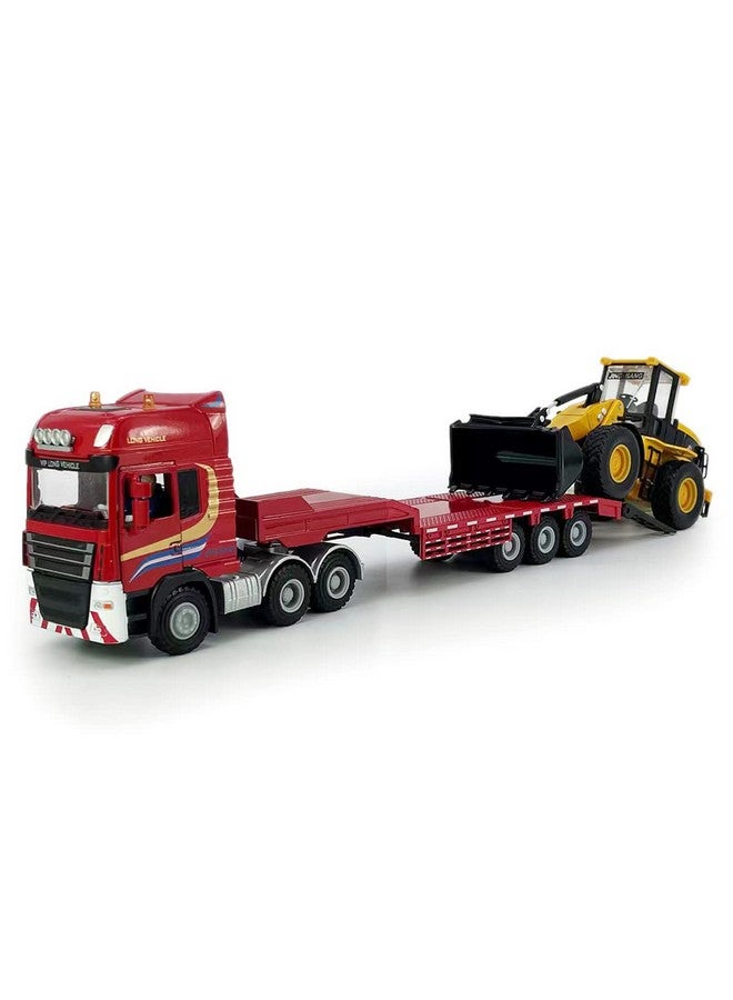 VIIGER Flatbed Truck Toy With Excavator Loader Tractor Bulldozer Semi Tow Truck Transport Trailer Metal Diecast Construction Vehicles 2 In 1 Vehicle Playset Friction Powered Toy Trucks For Boys Kids Gift Red - Image 3