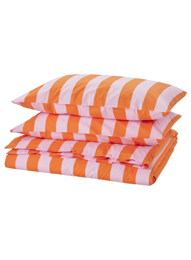 erorex Duvet cover and 2 pillowcases, orange/pink/striped, 240x220/50x80 cm - Image 1