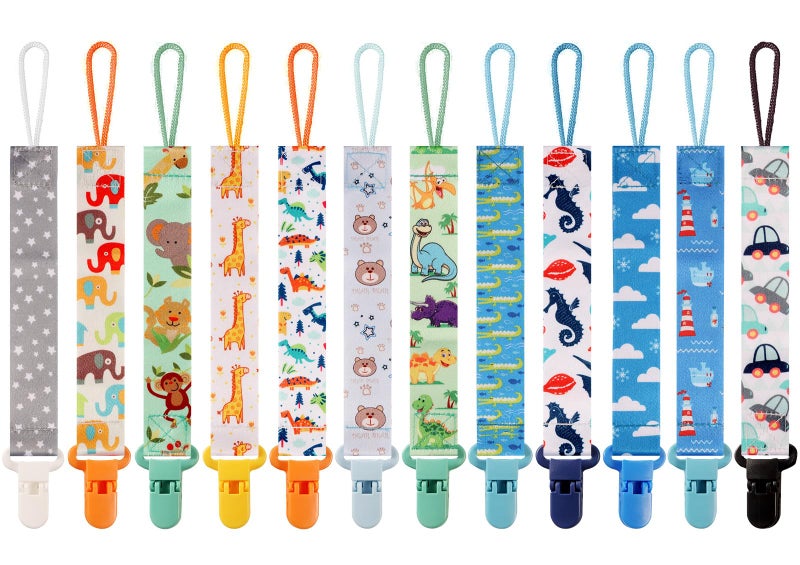 Tamhoo 12 Pack Pacifier Clips with Strap 25.5cm - Premium Polyester Baby Pacifier Holder Set, Multi-Design Clips for Boys Girls ï¼ˆMulti Color Cï¼‰ - Image 1