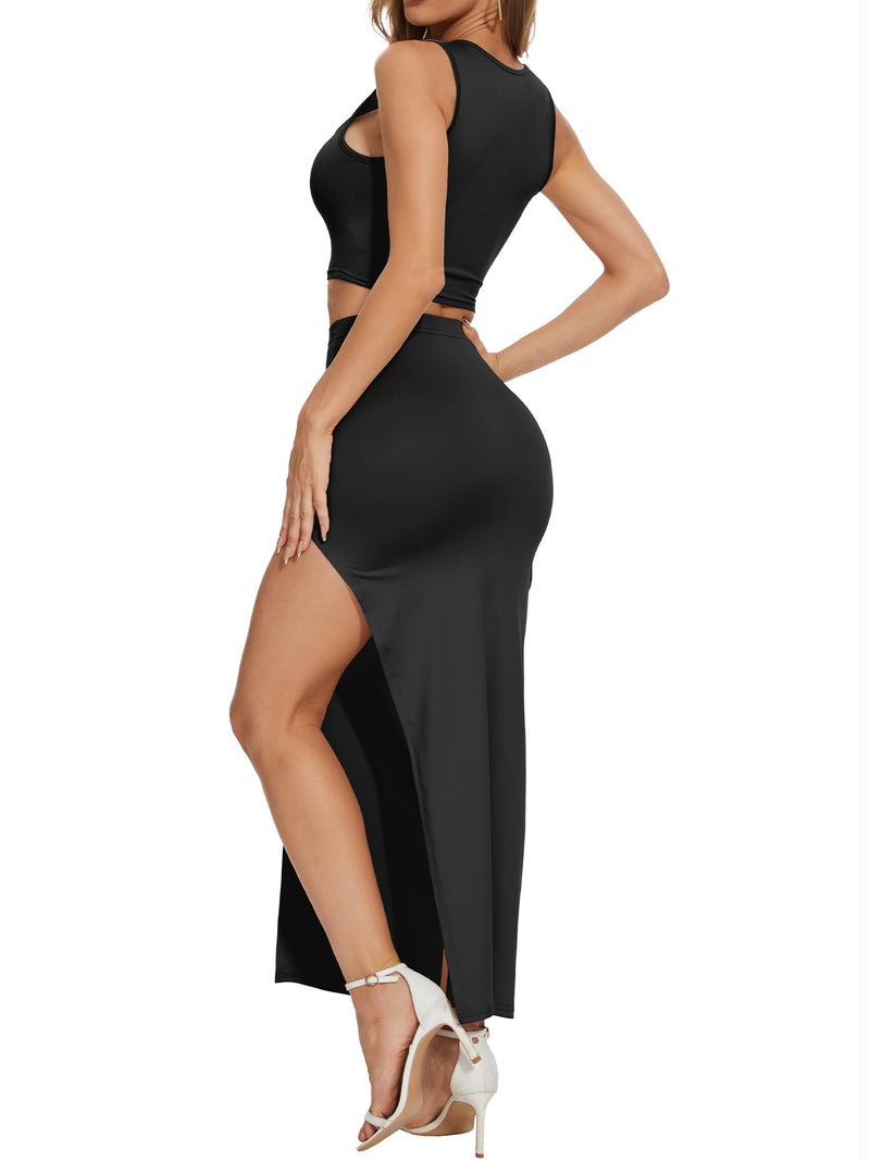 ELLEVEN Two Piece Maxi Skirt Sets Summer 2 Piece Dress Outfits Sexy High Slit Long Skirt and Sleeveless Crop Top for Women Going Out Bodycon Black Small - Image 4