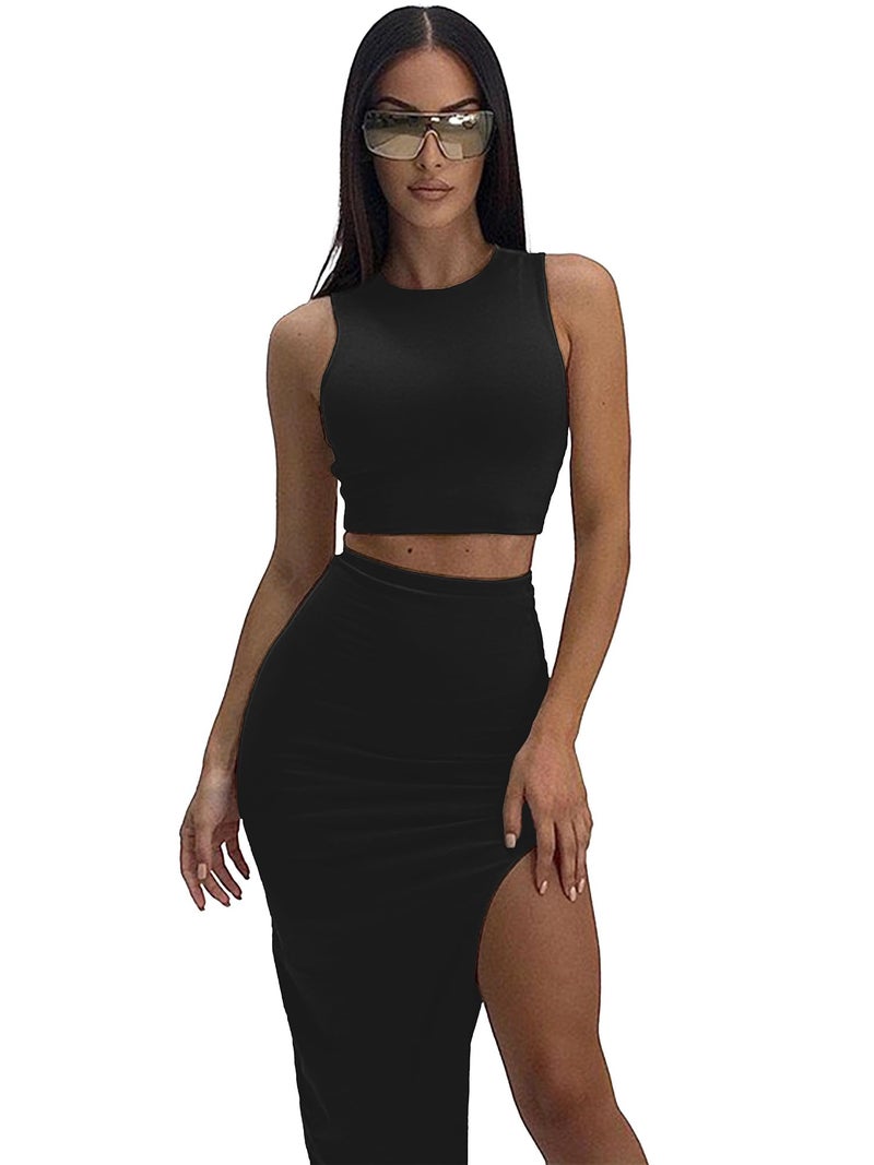 ELLEVEN Two Piece Maxi Skirt Sets Summer 2 Piece Dress Outfits Sexy High Slit Long Skirt and Sleeveless Crop Top for Women Going Out Bodycon Black Small - Image 2