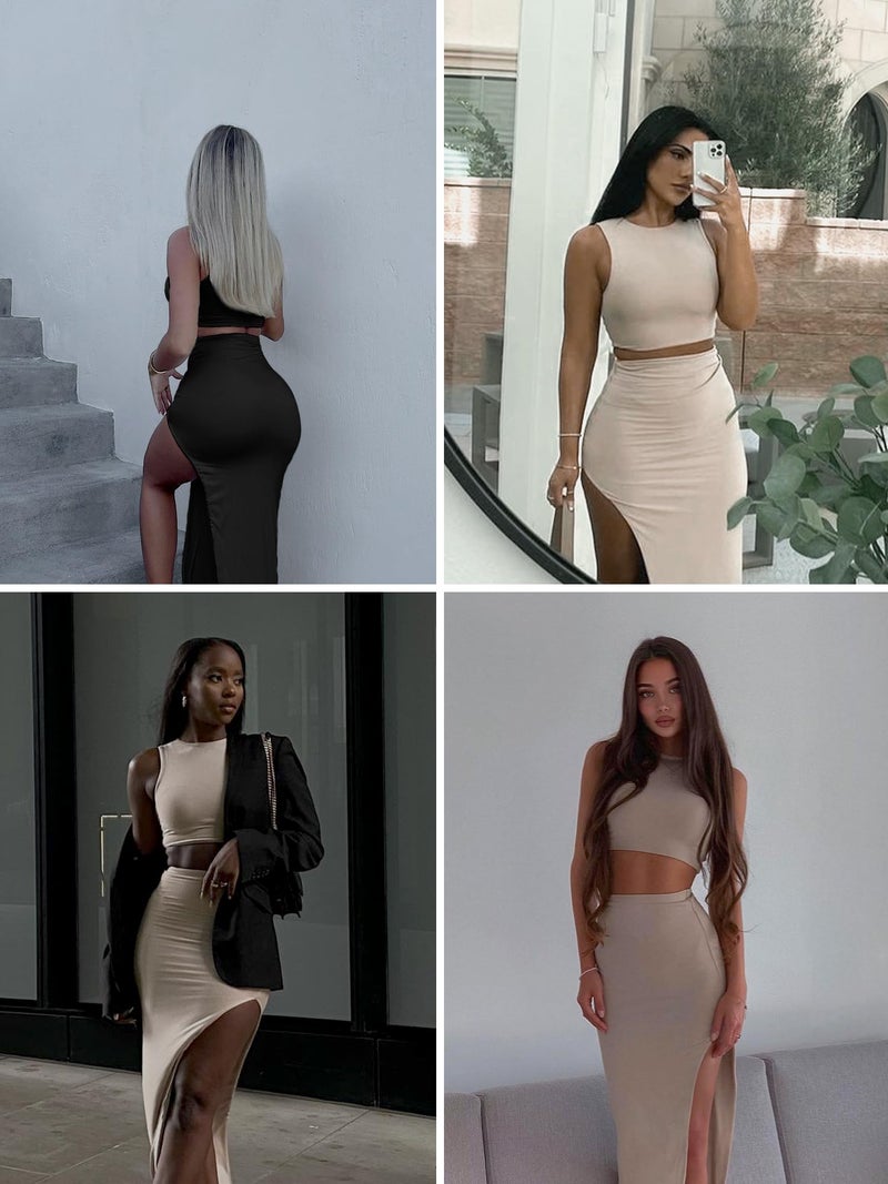 ELLEVEN Two Piece Maxi Skirt Sets Summer 2 Piece Dress Outfits Sexy High Slit Long Skirt and Sleeveless Crop Top for Women Going Out Bodycon Black Small - Image 5